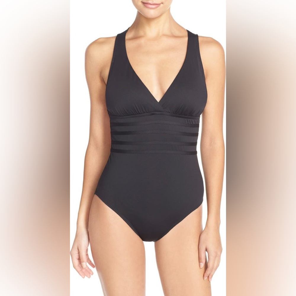 La Blanca Island Goddess tummy control cross back one piece black bathing suit